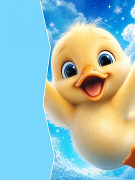 Cheerful yellow chick peeking from blue panel