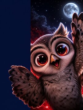 Playful cartoon owl under moonlit night sky