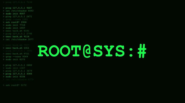 Root access command line interface terminal screen with green text code and system prompt animation 4k