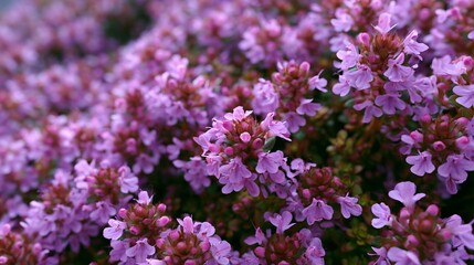 Obraz premium Creeping Thyme Flowers in Garden - Soft Colors Botanical Background