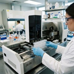 Naklejka premium Laboratory technician loading test tubes into an advanced automated blood analyzer machine