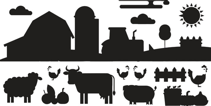 Graphic silhouette set of farm buildings animals and agriculture elements