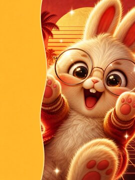 Cheerful white bunny wearing glasses beside sunset