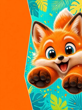 Cheerful cartoon fox with tropical background