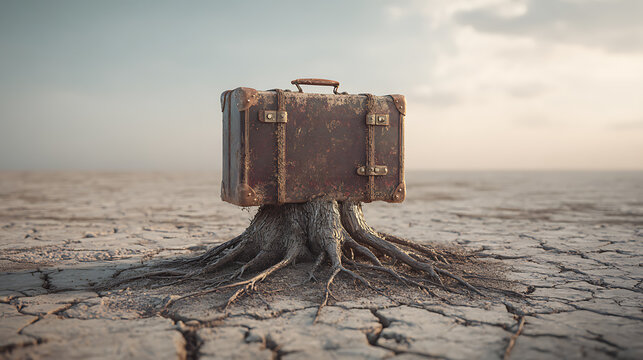 Conceptual image of a vintage suitcase growing roots in cracked earth, symbolizing migration, forced relocation, emotional attachment, identity, belonging, loss and mental resilience