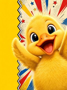 Cheerful yellow chick bursting through border