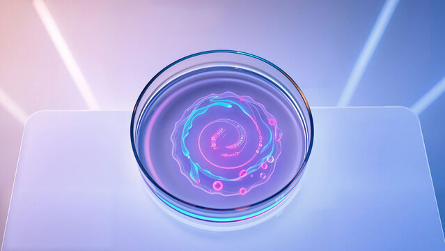 Aesthetic Scientific Research in Petri Dish on Laboratory Light Table, colorful hydrogel spiral pattern.
