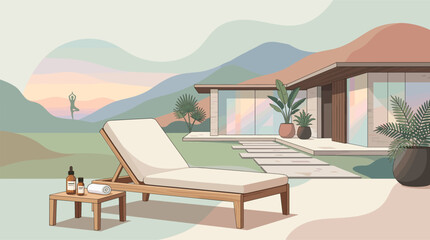 Fototapeta premium A peaceful modern luxury spa villa featuring a lounge chair, essential oils, and yoga silhouette. Perfect for wellness, travel, relaxation, meditation, and hospitality concepts.