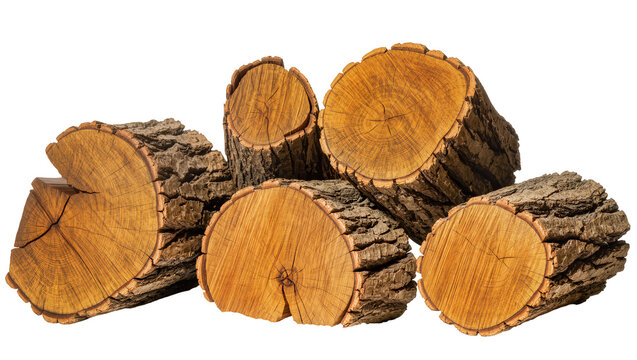 Isolated stacked cut tree trunks showing natural bark and detailed concentric growth rings