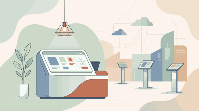 A flat vector illustration featuring self-service kiosks with touchscreens in a modern retail store, symbolizing cloud computing, automation, and digital customer experiences.
