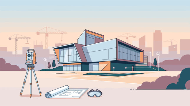 Vector illustration featuring a total station, architectural blueprints, and safety glasses with a modern building and urban construction site in the background. Professional design.