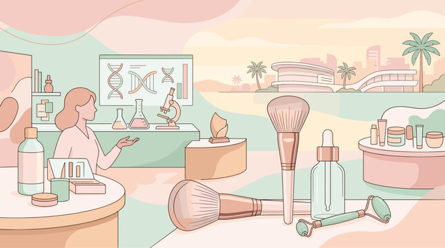 A flat vector illustration shows a woman in a laboratory environment with DNA charts, skincare, makeup brushes, and a city background. Ideal for beauty science and wellness marketing.