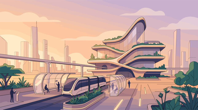 Modern futuristic city with green architecture, public monorail transport system, people waiting at station, sustainable eco-friendly urban landscape, sunset warm sky, vector illustration.