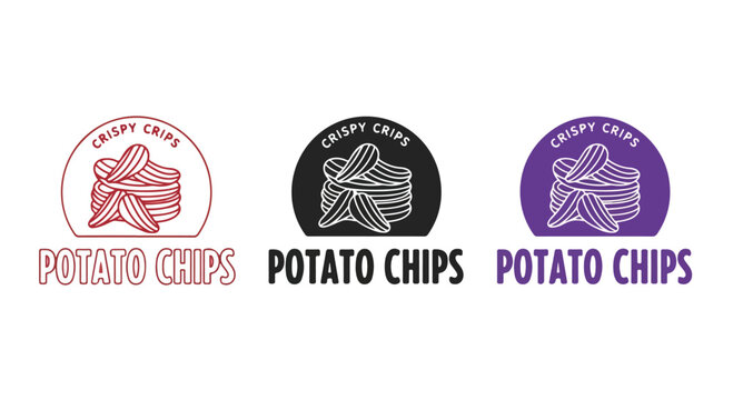 Circular potato chips logo badges in pink, black, and purple for branding and packaging concepts.