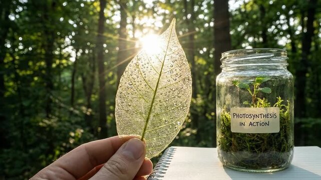 Leaf skeleton, held by hand, sparkling water droplet, bright sunlight illuminating green forest background, plant growing inside clear glass jar, illustrating vital energy conversion process.