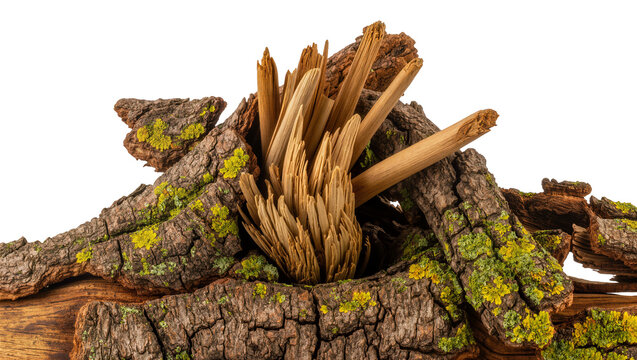 Isolated rustic broken wood with textured bark and vibrant green-yellow lichen on natural tree element