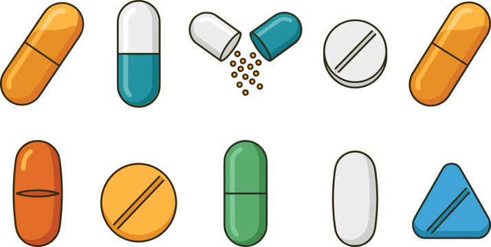 Medical pills and capsules vector illustration set featuring colorful tablets medication objects drug shapes open capsule with powder isolated on white background