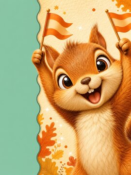 Cute cartoon squirrel with waving flags