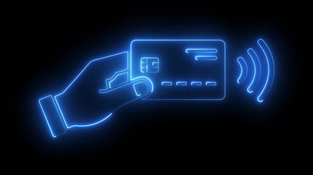 glowing neon Hand holding a contactless credit card icon for fast digital payment systems. representing for wireless signal waves, secure transaction, business and finance concepts. 4k video animation