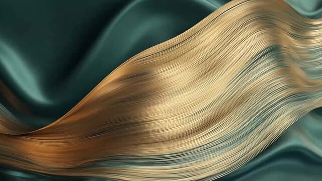 Luxurious golden blonde hair flowing smoothly on rich teal silk fabric background, healthy and shiny hair texture for beauty care.