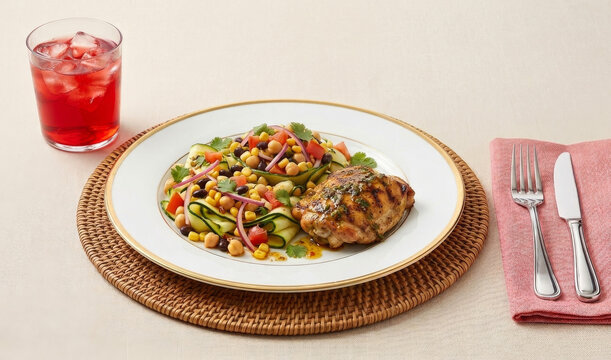 A healthy salad of chickpeas, zucchini, tomato, onion, and beans, served with grilled chicken in pesto sauce and a glass of grenadine juice, on a set table.
