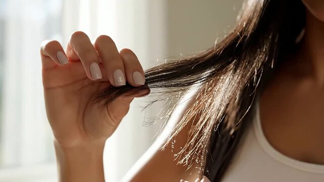 Young Latina Woman Examining Split Ends Of Her Long Dark Hair In Natural Light Highlighting Personal Grooming Tips And Self-Care Routine