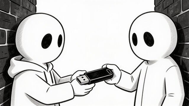 Stylized anonymous figures engage in a covert exchange of a USB flash drive, symbolizing data sharing or information transfer.