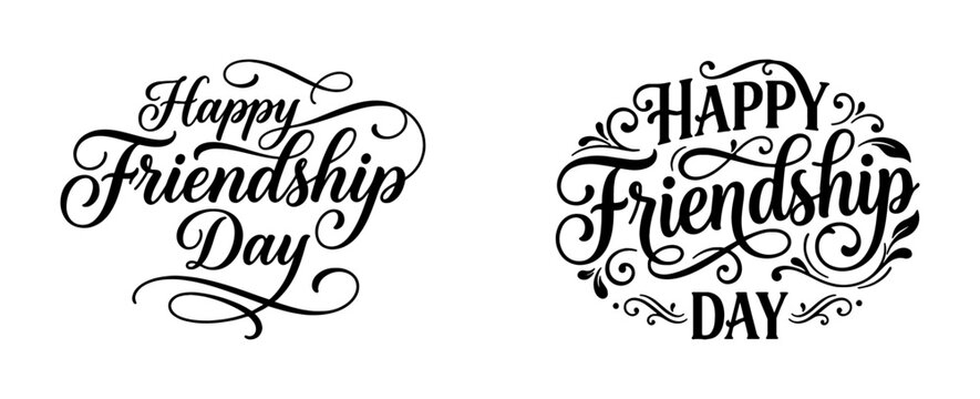 Happy friendship day handwritten text calligraphic lettering black and white design on white background.