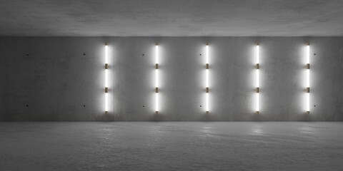 Obraz premium Modern concrete brutalism empty room or backdrop with row of vetical fluorescent tubes and rough floor - industrial interior background template