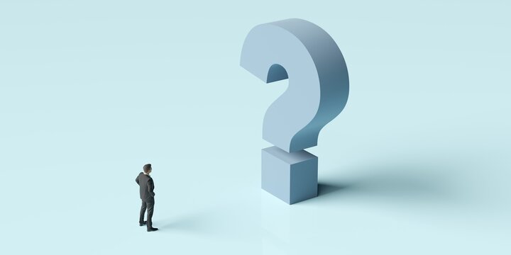 Business man standing in front of a blue question mark, solution or strategy business concept on blue background