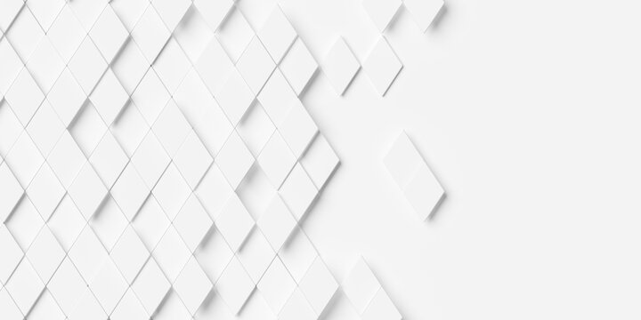 Wite rhombs or diamond shaped polygons pattern randomly height shifted background wallpaper banner fading out with copy space, flat lay
