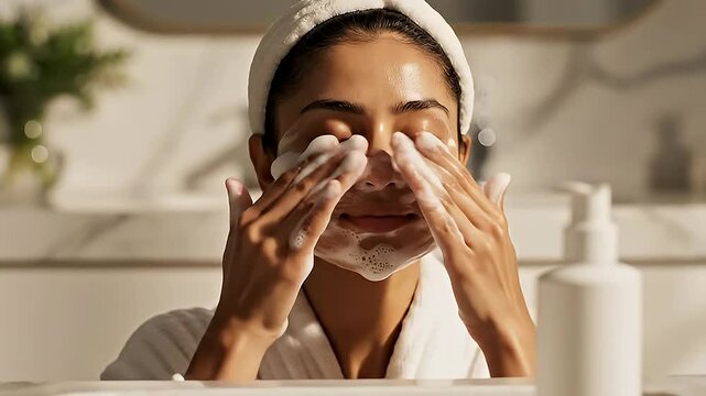 Young Woman Cleansing Her Face with Foaming Cleanser in Bright Bathroom Environment Showcasing Skincare Routine and Self-Care Ritual