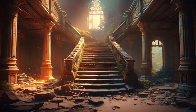 a ruined staircase in an abandoned building