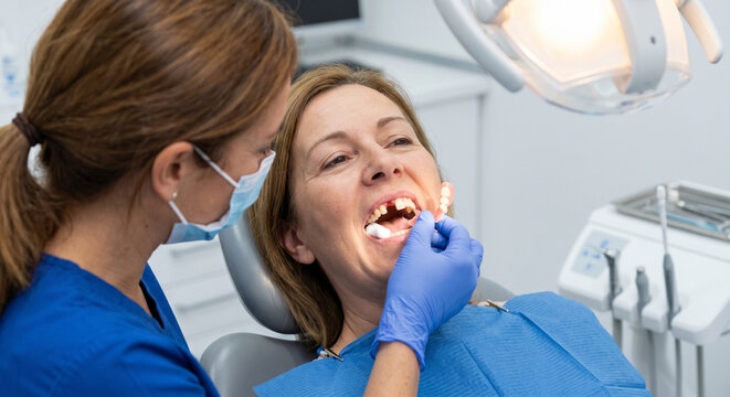 Dentist placing a temporary removable partial denture flipper tooth into a patient's mouth to fill a missing front tooth gap.