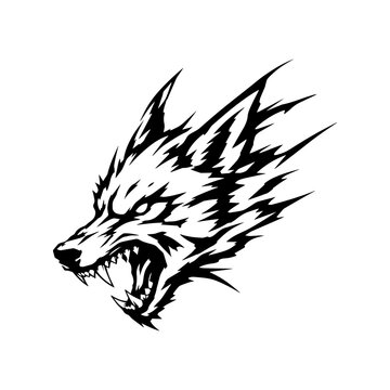 Aggressive wolf head silhouette with bared teeth and fur motion lines.
