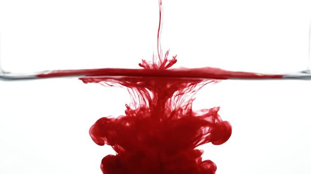 Crimson liquid descends into still water, creating an abstract underwater bloom