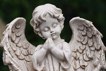 Fototapeta premium Praying angel statue stands against dark green background. Religious memorial sculpture features folded hands and detailed wings. Stone cherub symbolizes faith remembrance prayer and spiritual peace.