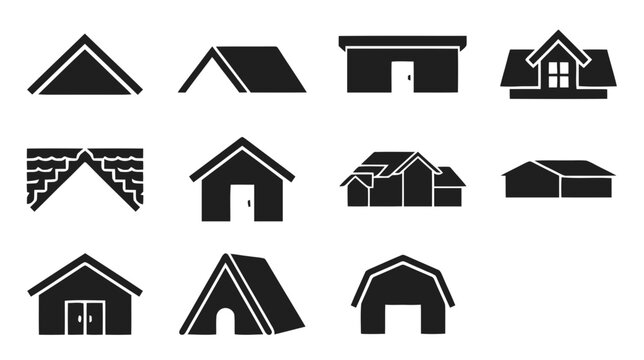 Vector illustration of set of various roof types and house silhouettes on a transparent background