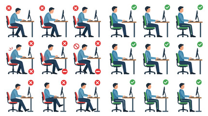 Fototapeta premium Comparison of correct and incorrect ergonomic sitting postures at desk