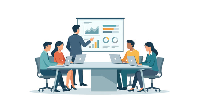 Business professional presenting data analysis charts to his colleagues