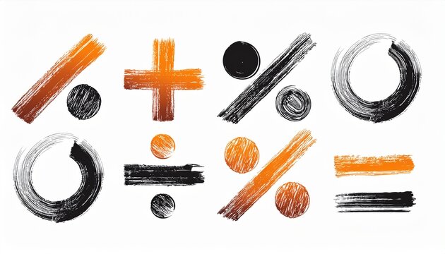 hand drawn brush stroke mathematical symbols plus minus multiplication division equals and percent isolated on white background