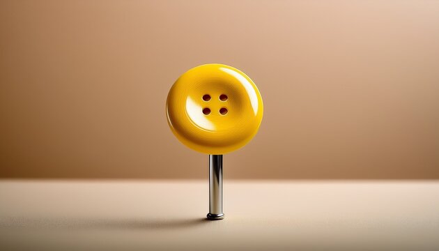 a yellow smiley face button stands upright on a neutral beige surface with a soft background