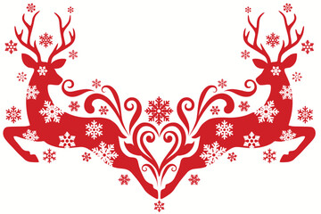 Red reindeer silhouettes with snowflakes and swirling patterns on white background for christmas or winter designs  holiday graphics © MadhobiRani