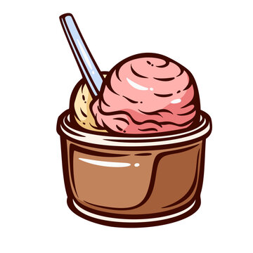 Gelato Cup with two creamy scoops, spoon and glass dessert bowl in pink and beige tones. Italian cafe menu, sweets branding and packaging with gelato cup, cartoon vector illustration.