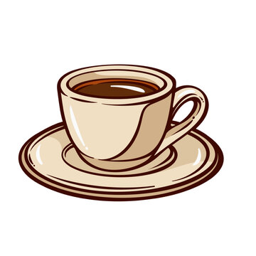 Espresso Cup on saucer with dark coffee surface, curved handle and beige ceramic tones. Italian cafe menu with espresso cup, cartoon vector illustration.