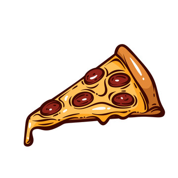 Pizza Slice with melted cheese, pepperoni topping, golden crust and cheese drip. Italian menu and pizzeria branding with pizza slice, cartoon vector illustration.