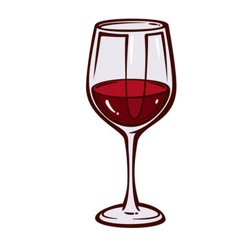 Wine Glass with red wine, clear bowl, long stem and glossy highlights. Italian restaurant menu and bar branding with wine glass, cartoon vector illustration.