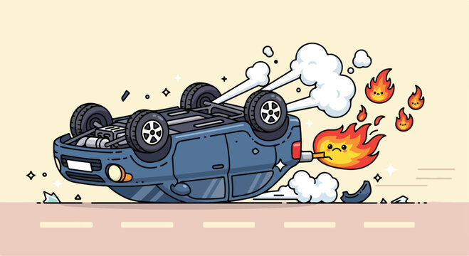 Cartoon car crash with sparks and flames on a city road scene.