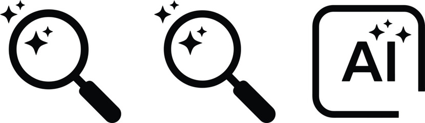 Magnifying glass icons with sparkling magic stars and artificial intelligence symbol on a white background © ZarirTahmid