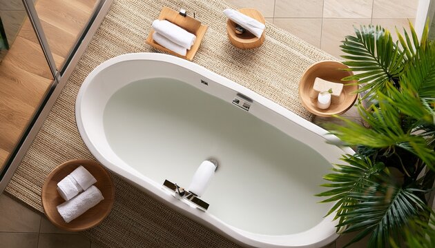 top view of hotel bathroom interior with tub accessories and plant